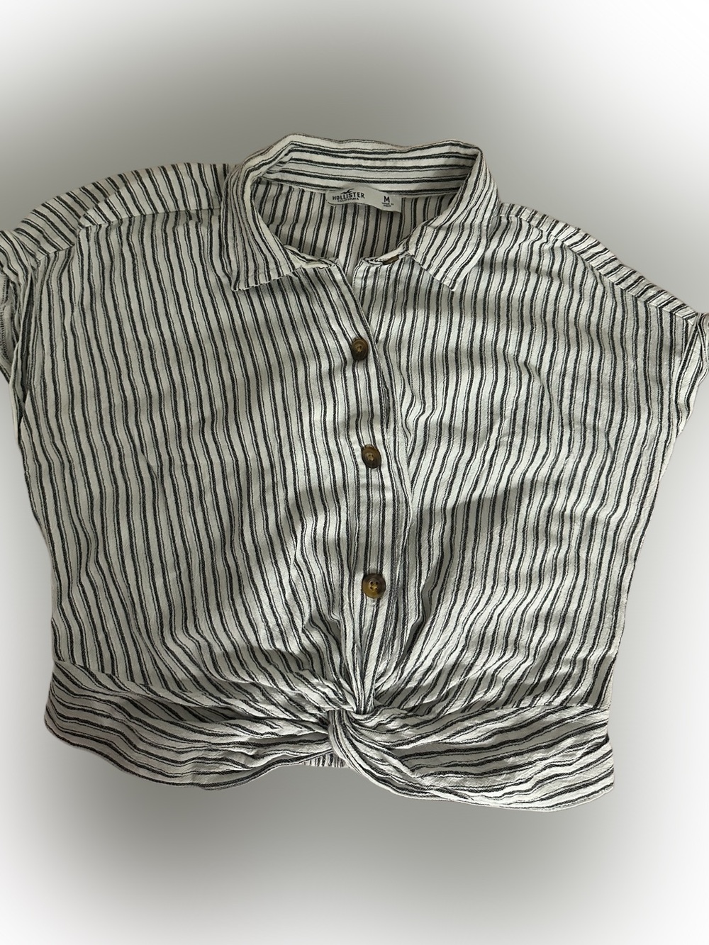 Hollister Black and White Striped Tie-Front Button Crop Shirt